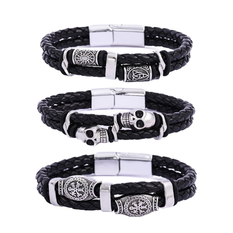 Personalizirana dvostruka kožna narukvica Viking, muški retro uzor lubanje, hip-hop stil