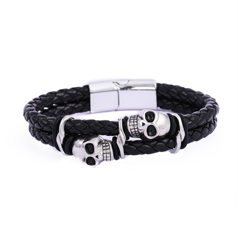 Personalizirana dvostruka kožna narukvica Viking, muški retro uzor lubanje, hip-hop stil
