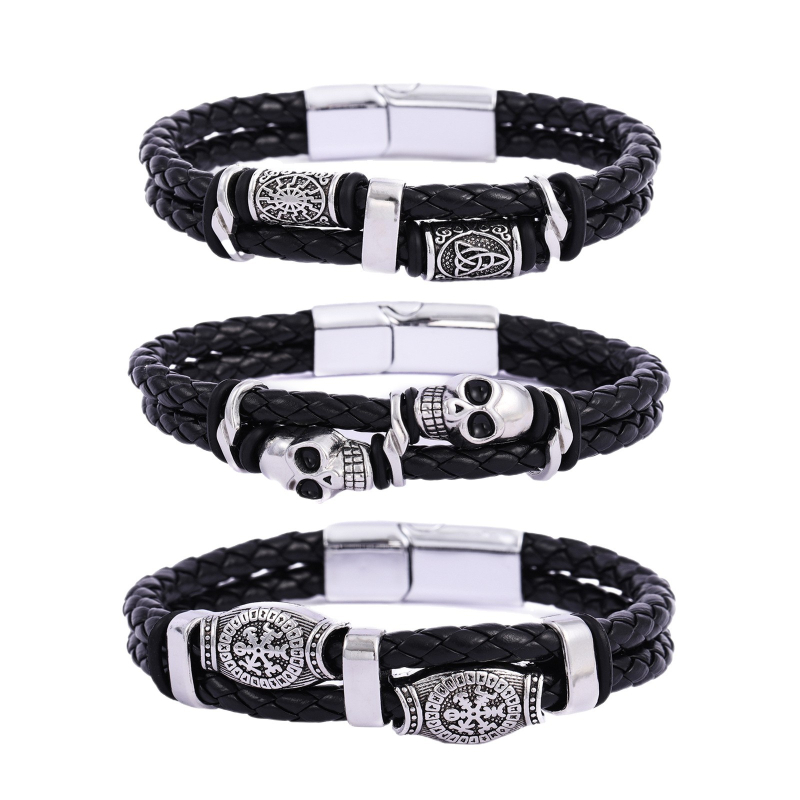 Personalizirana dvostruka kožna narukvica Viking, muški retro uzor lubanje, hip-hop stil