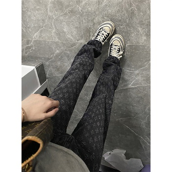 Muške traperice u američkom stilu s poderotinama, džin jacquard, pariški stil, casual ravni kroj