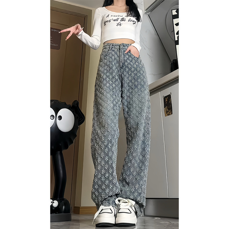 Muške traperice u američkom stilu s poderotinama, džin jacquard, pariški stil, casual ravni kroj
