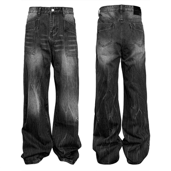 Muške crne oprane traperice ravnog kroja, ležernog stila, gradski stil
