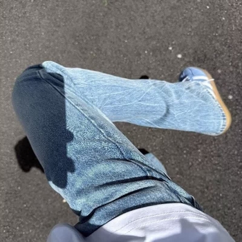 Μπλε τζιν με μοτίβο κεραυνός, ανδρικά, Clean-Fit, με επένδυση φλίς, ίσιο παντελόνι με ήπια καμπή στο κάτω μέρος