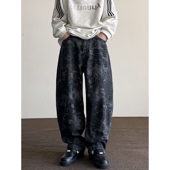 Férfi farmer amerikai retro stílusú mosott camouflage mintával, tiszta szabás, egyenes szárú