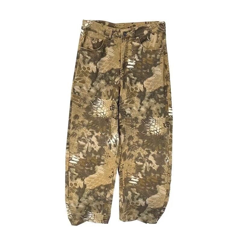 Férfi farmer amerikai retro stílusú mosott camouflage mintával, tiszta szabás, egyenes szárú