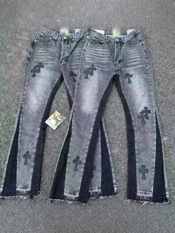 CH divatmárka vintage farmer bőr patch-szel és kereszt címkével, széles lábú farmer, mosott hatás, utcai stílus