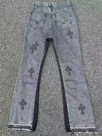 CH divatmárka vintage farmer bőr patch-szel és kereszt címkével, széles lábú farmer, mosott hatás, utcai stílus