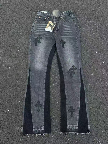 CH divatmárka vintage farmer bőr patch-szel és kereszt címkével, széles lábú farmer, mosott hatás, utcai stílus