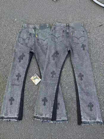 CH divatmárka vintage farmer bőr patch-szel és kereszt címkével, széles lábú farmer, mosott hatás, utcai stílus