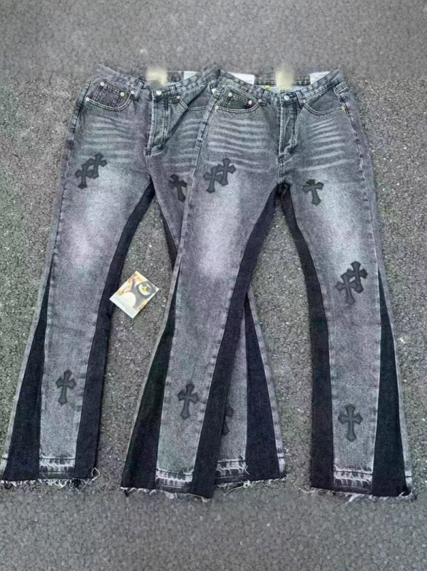 CH divatmárka vintage farmer bőr patch-szel és kereszt címkével, széles lábú farmer, mosott hatás, utcai stílus