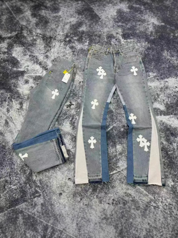 CH divatmárka vintage farmer bőr patch-szel és kereszt címkével, széles lábú farmer, mosott hatás, utcai stílus