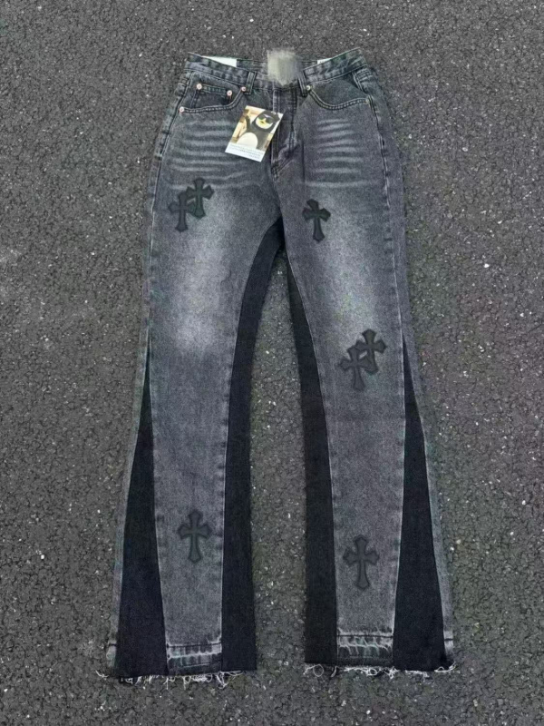 CH divatmárka vintage farmer bőr patch-szel és kereszt címkével, széles lábú farmer, mosott hatás, utcai stílus