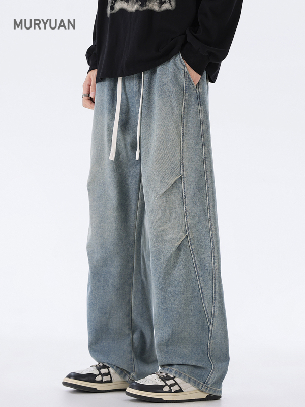 Muyuan muške hlače u američkom streetwear stilu, udoban široke, ravni kroj, elastični pojas sa vezicom, blagim naborima