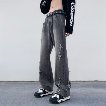 Férfi denim nadrág, egyenes szabás, amerikai hip-hop inspiráció, mosott, őszi 2025