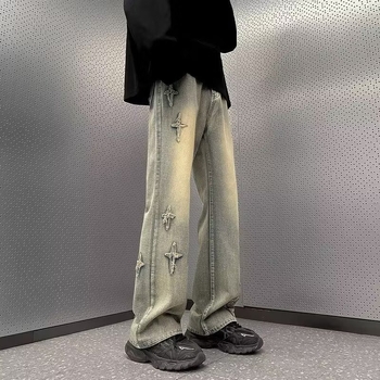 Férfi denim nadrág, egyenes szabás, amerikai hip-hop inspiráció, mosott, őszi 2025