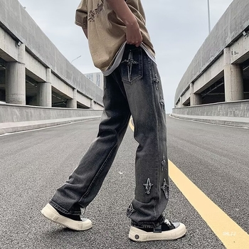 Férfi denim nadrág, egyenes szabás, amerikai hip-hop inspiráció, mosott, őszi 2025