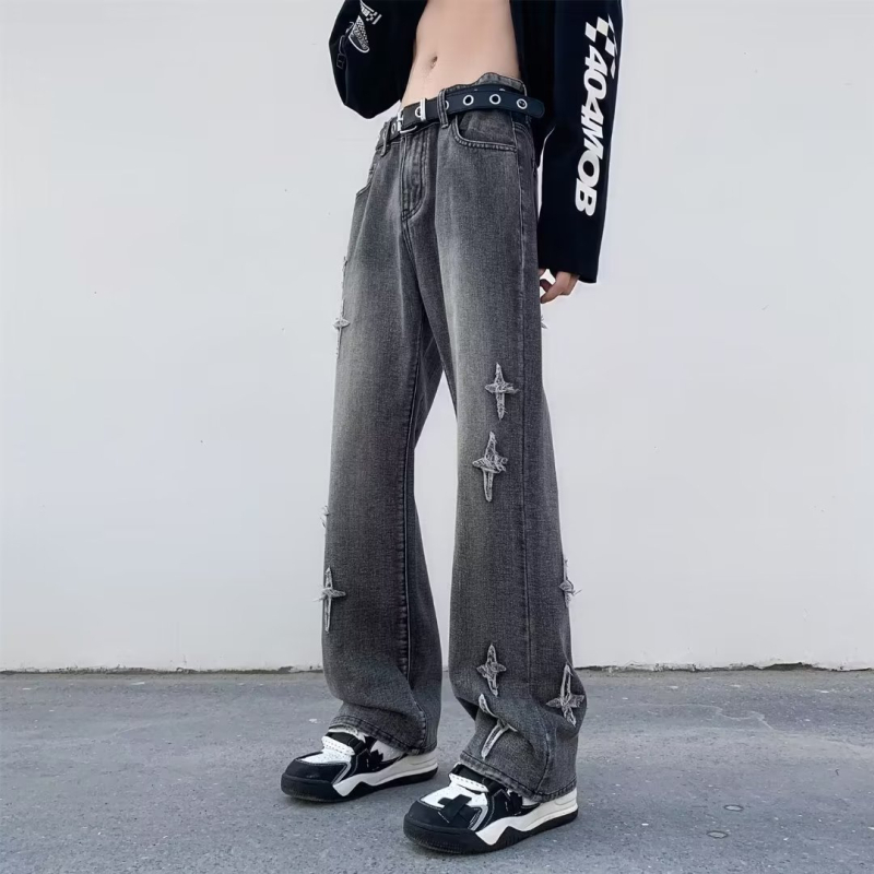 Férfi denim nadrág, egyenes szabás, amerikai hip-hop inspiráció, mosott, őszi 2025