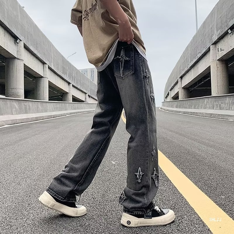 Férfi denim nadrág, egyenes szabás, amerikai hip-hop inspiráció, mosott, őszi 2025