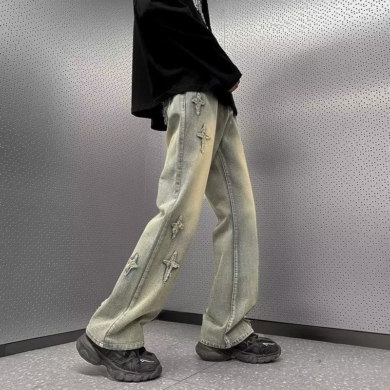 Férfi denim nadrág, egyenes szabás, amerikai hip-hop inspiráció, mosott, őszi 2025