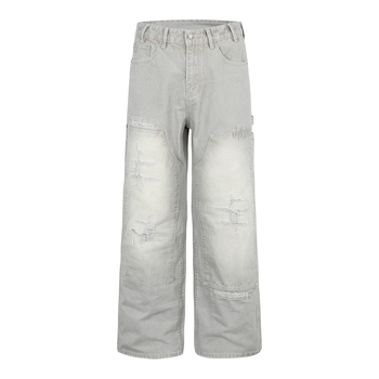 Patchwork mintázatú egyenes szabású farmernadrág, retro utcai stílus, férfiaknak, laza viselet, elasztikus denim