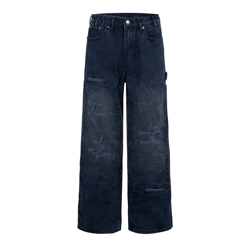 Patchwork mintázatú egyenes szabású farmernadrág, retro utcai stílus, férfiaknak, laza viselet, elasztikus denim