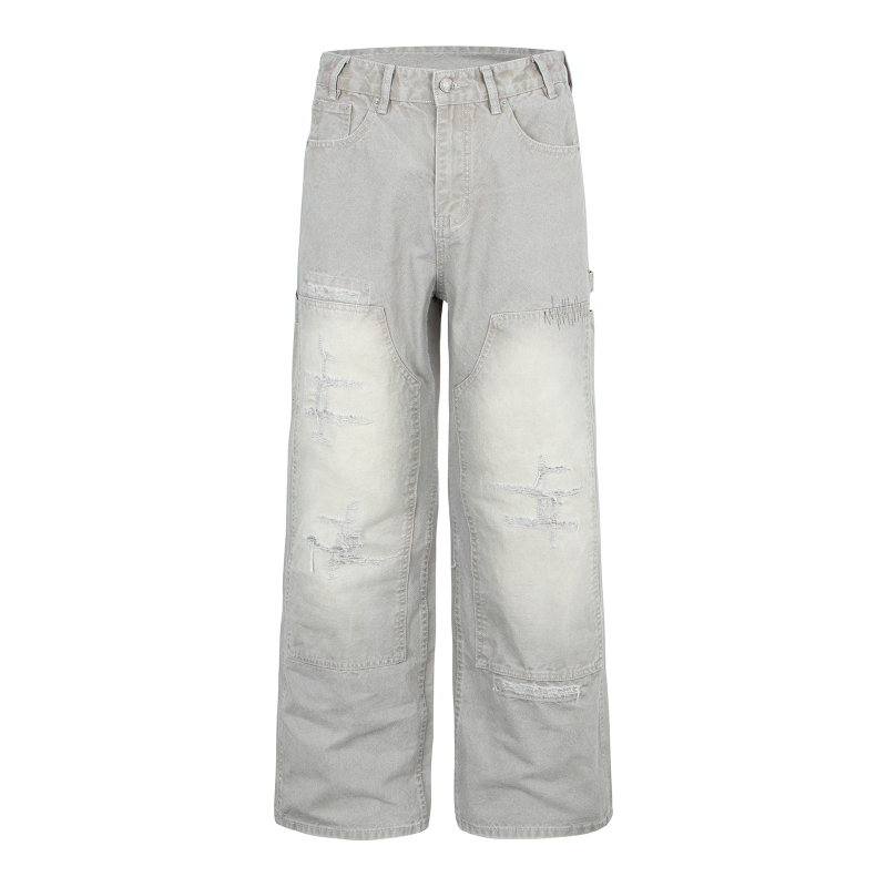 Patchwork mintázatú egyenes szabású farmernadrág, retro utcai stílus, férfiaknak, laza viselet, elasztikus denim