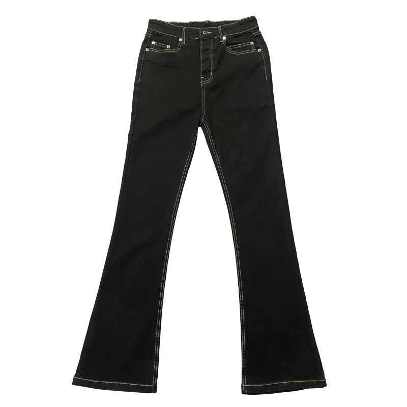 Jeans u RO stilu s voskastim završetkom, ukrasna traka, mikro-flare široke nogavice, elastične