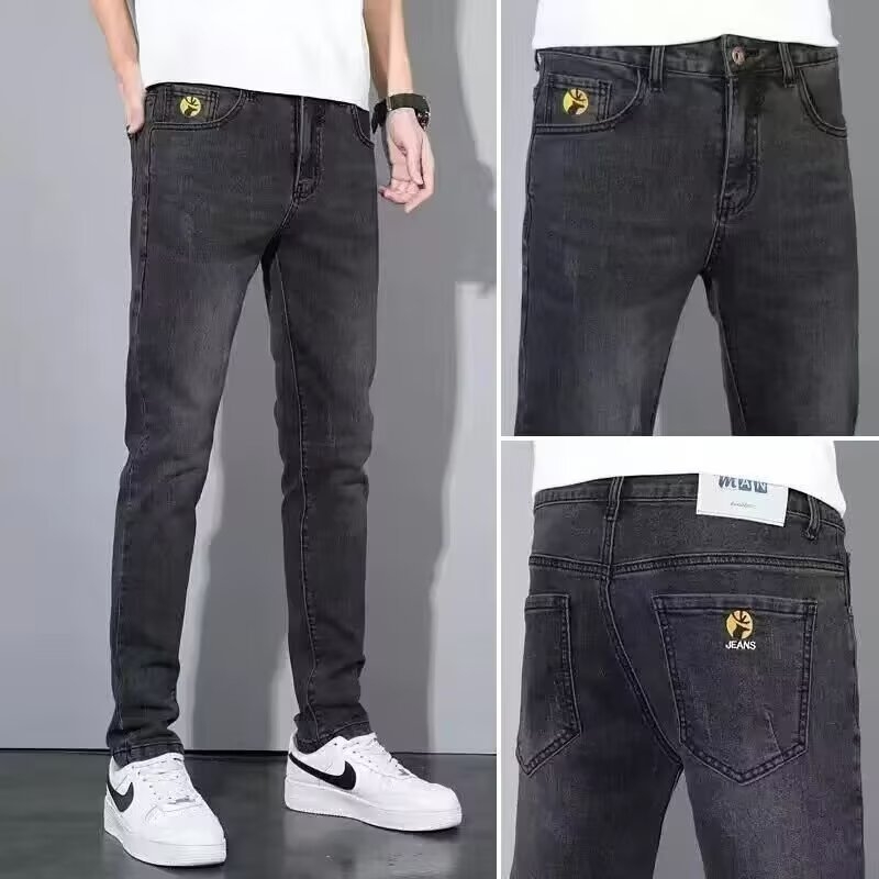 Férfiaknak készült elasztikus farmer, koreai stílusú slim-fit, egyenes szabású nadrág nyárra