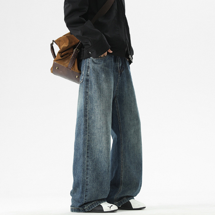 Maple House αντρικά τζιν από ντενίμ, αμερικανικό ρετρό στυλ, ίσια γραμμή, χαλαρή φαρδιά εφαρμογή, μακρύ μέχρι το πάτωμα, ντραπέν στυλ