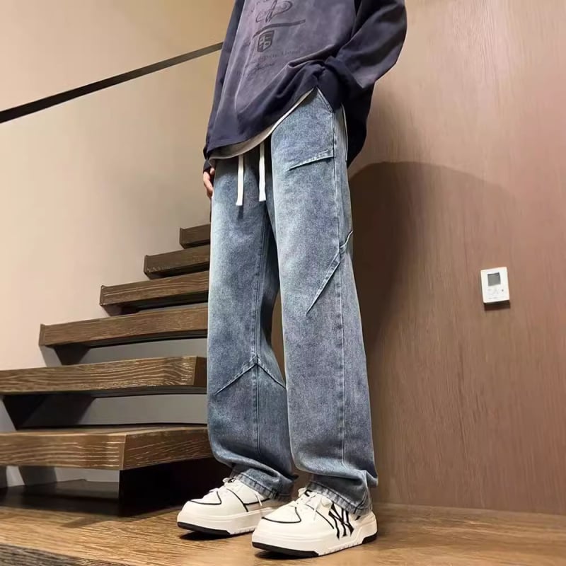 Muške široke traperice s plisiranim dizajnom, retro pranjem, oversize ravne nogavice, za proljeće i jesen