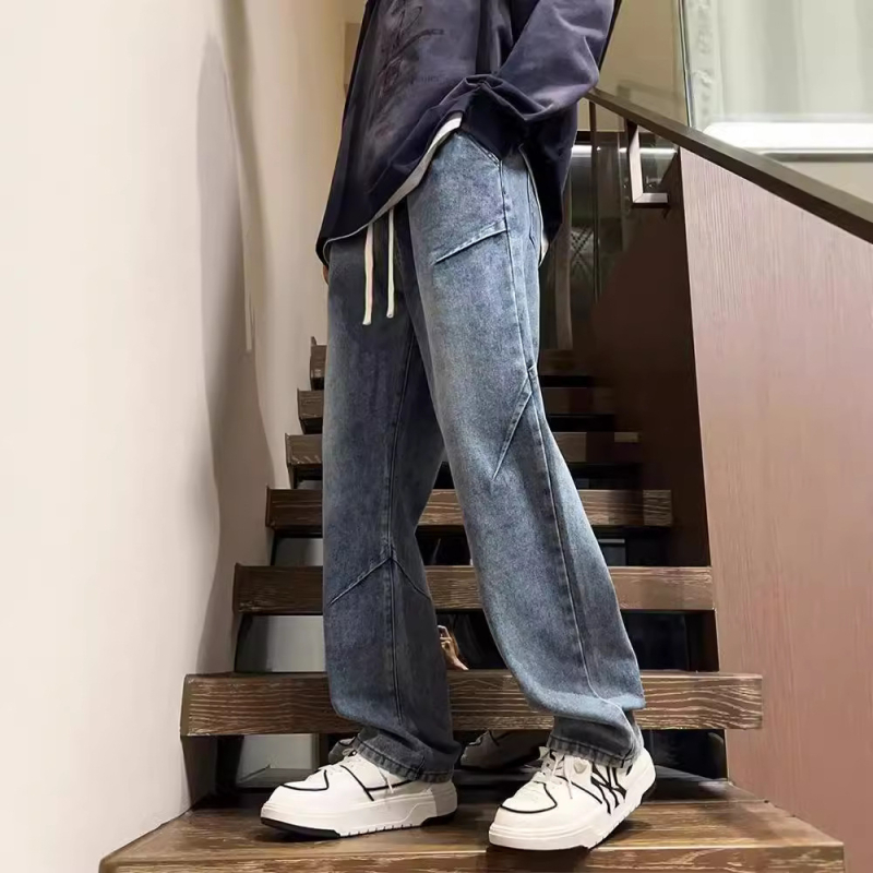 Muške široke traperice s plisiranim dizajnom, retro pranjem, oversize ravne nogavice, za proljeće i jesen