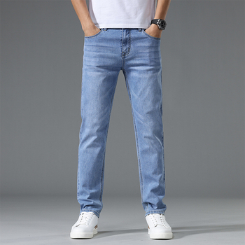 Ljetne tanke plave traperice za muškarce, ravni kroj, slim-fit, s elastanom, korejski stil, casual hlače