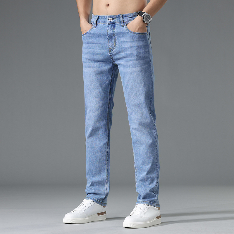 Ljetne tanke plave traperice za muškarce, ravni kroj, slim-fit, s elastanom, korejski stil, casual hlače
