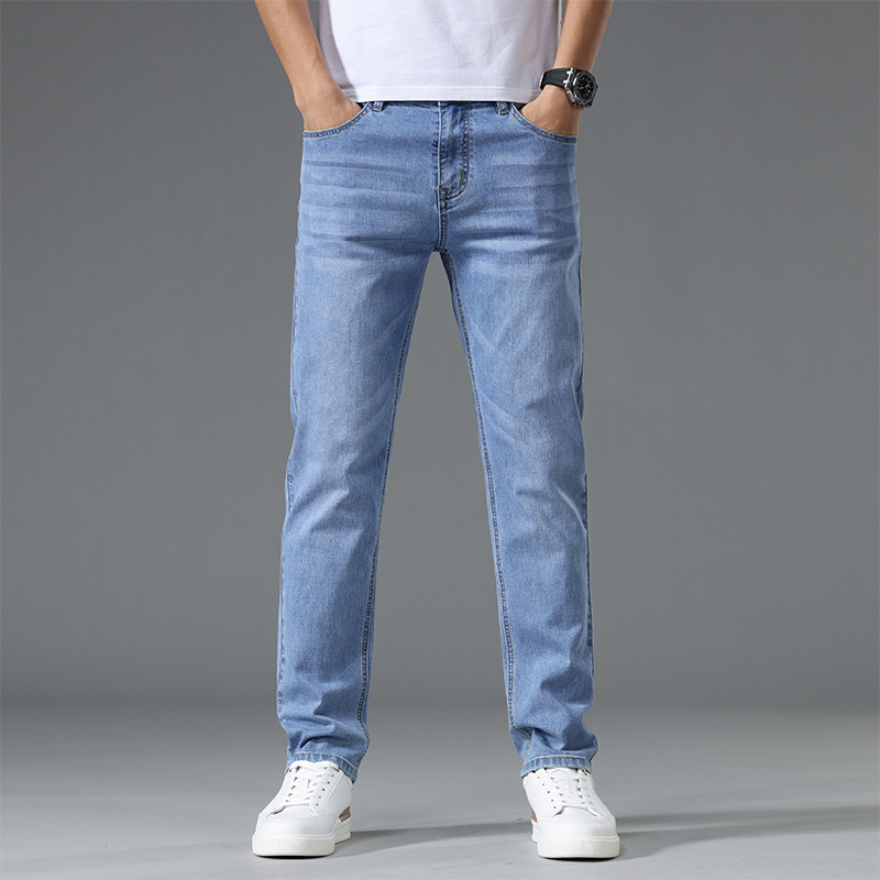Ljetne tanke plave traperice za muškarce, ravni kroj, slim-fit, s elastanom, korejski stil, casual hlače