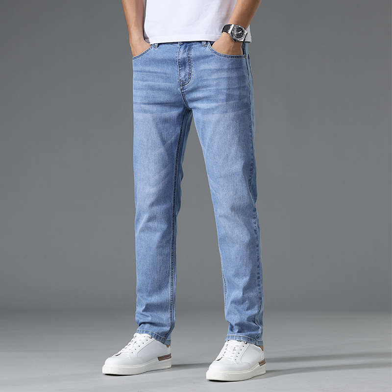 Ljetne tanke plave traperice za muškarce, ravni kroj, slim-fit, s elastanom, korejski stil, casual hlače