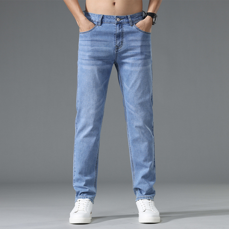 Ljetne tanke plave traperice za muškarce, ravni kroj, slim-fit, s elastanom, korejski stil, casual hlače