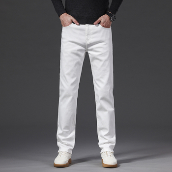 Bijele muške traperice, dugi hlače za proljeće i jesen, debele materijale, slim-fit straight kroj, svestran poslovni stil