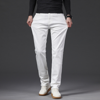 Bijele muške traperice, dugi hlače za proljeće i jesen, debele materijale, slim-fit straight kroj, svestran poslovni stil