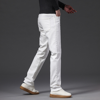 Bijele muške traperice, dugi hlače za proljeće i jesen, debele materijale, slim-fit straight kroj, svestran poslovni stil