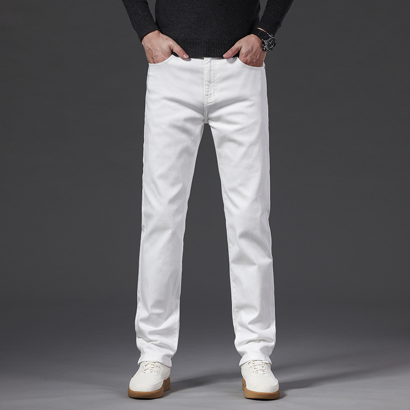 Bijele muške traperice, dugi hlače za proljeće i jesen, debele materijale, slim-fit straight kroj, svestran poslovni stil