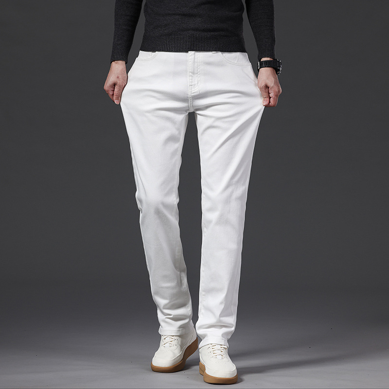 Bijele muške traperice, dugi hlače za proljeće i jesen, debele materijale, slim-fit straight kroj, svestran poslovni stil