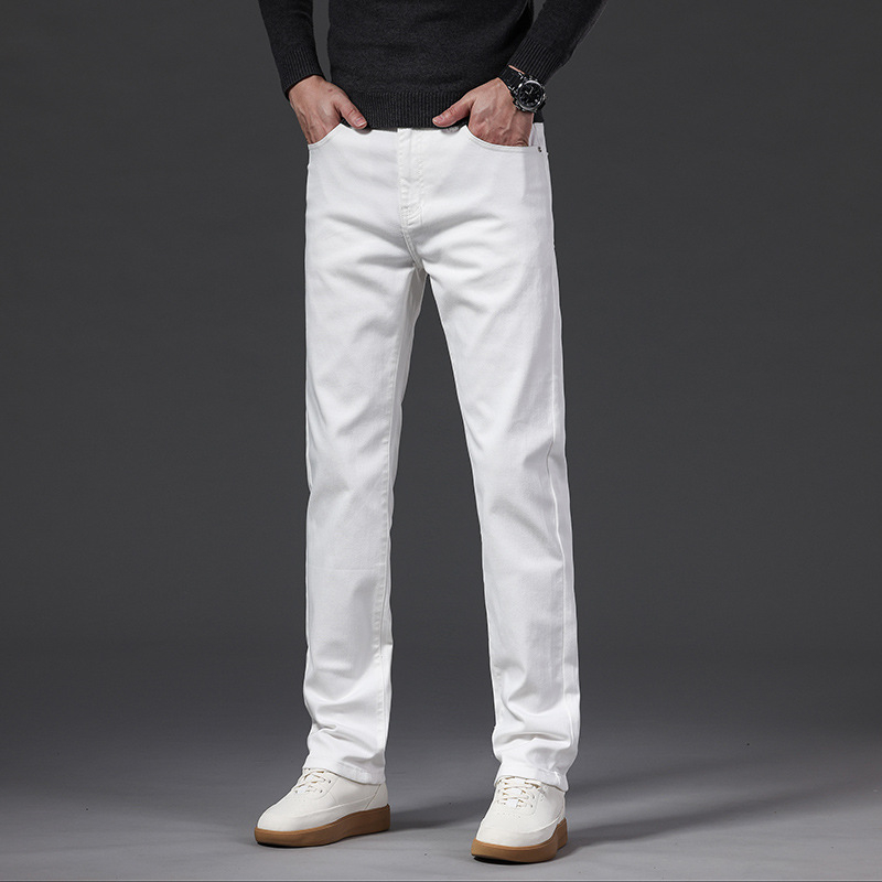 Bijele muške traperice, dugi hlače za proljeće i jesen, debele materijale, slim-fit straight kroj, svestran poslovni stil
