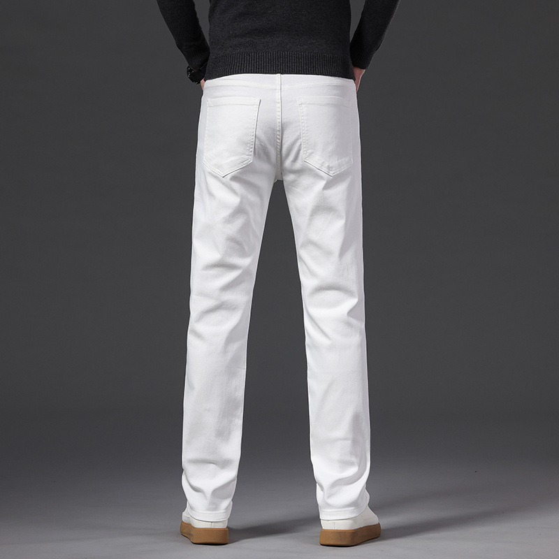 Bijele muške traperice, dugi hlače za proljeće i jesen, debele materijale, slim-fit straight kroj, svestran poslovni stil