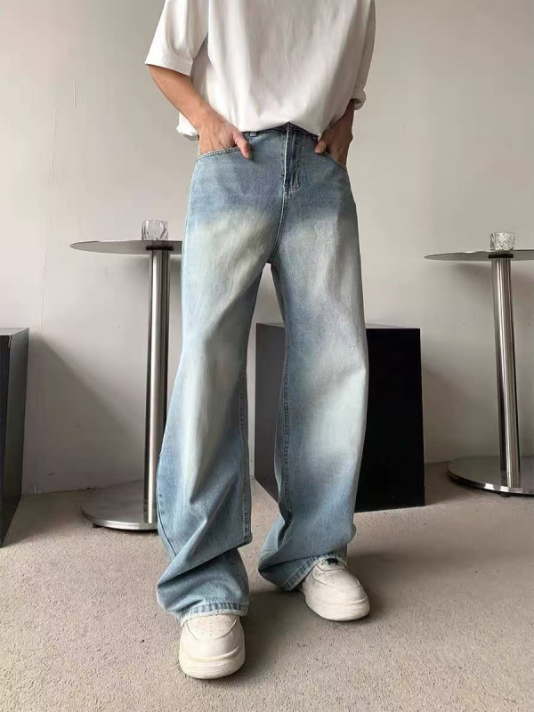 Férfi farmernadrág, egyenes szárú, mosott denim, koreai stílus, lazán szabott, mindennapi viselet