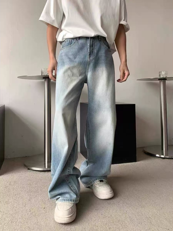 Férfi farmernadrág, egyenes szárú, mosott denim, koreai stílus, lazán szabott, mindennapi viselet