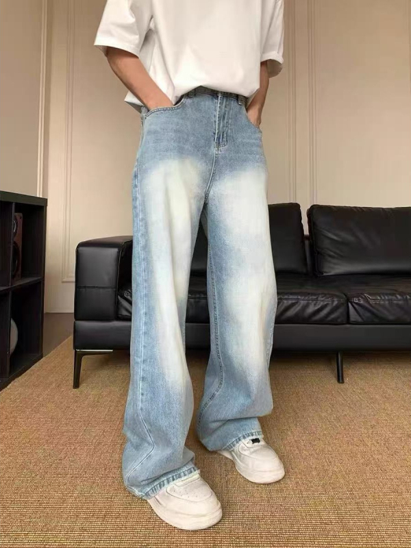 Férfi farmernadrág, egyenes szárú, mosott denim, koreai stílus, lazán szabott, mindennapi viselet