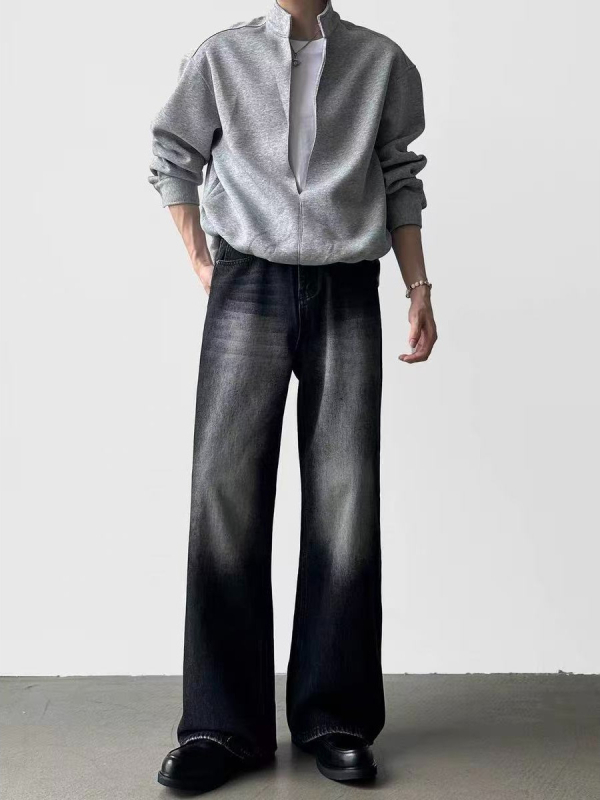 Férfi farmernadrág, egyenes szárú, mosott denim, koreai stílus, lazán szabott, mindennapi viselet