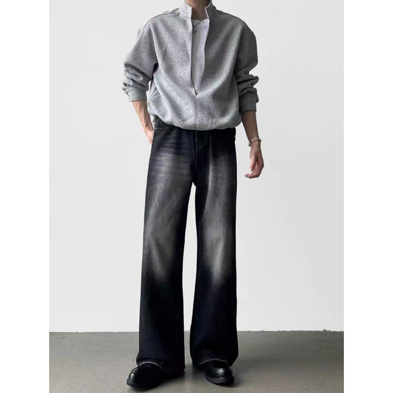 Férfi farmernadrág, egyenes szárú, mosott denim, koreai stílus, lazán szabott, mindennapi viselet