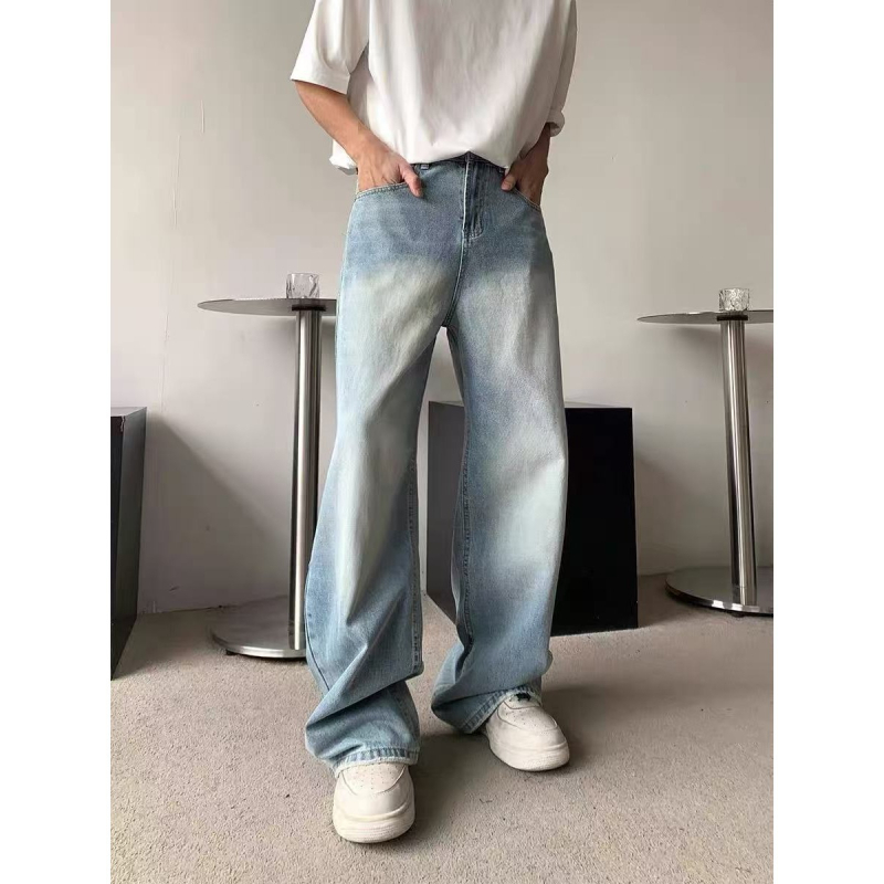 Férfi farmernadrág, egyenes szárú, mosott denim, koreai stílus, lazán szabott, mindennapi viselet