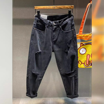 2024 muške traperice od denima crne, s elastanom, pranje, američki retro high-street stil, slobodan kroj, ravne nogavice, poderane